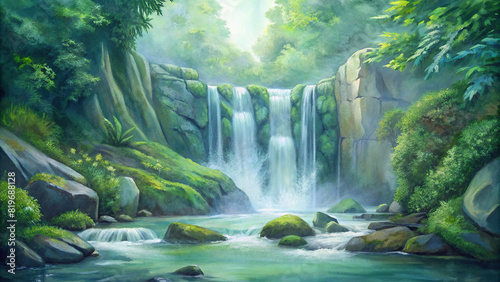 A peaceful waterfall cascading down moss-covered rocks in a lush forest setting  surrounded by verdant greenery.
