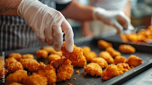 A male cook wearing gloves holds a nugget, rearranging it for delivery to the buyer. Fast food in a cafe