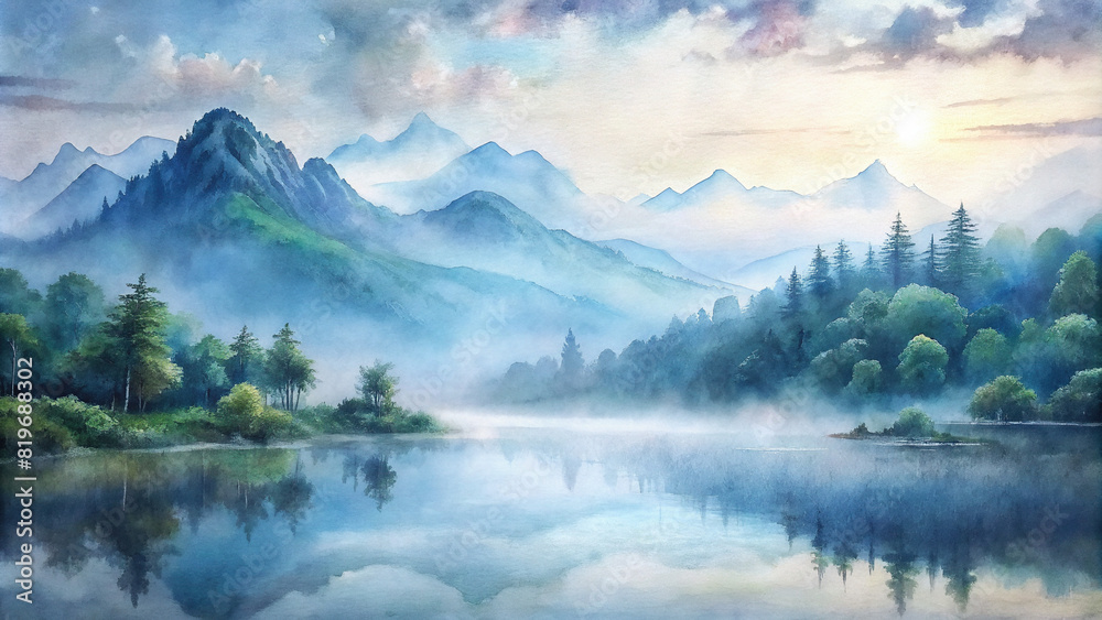 A panoramic view of a misty morning in the mountains, with a tranquil lake reflecting the watercolor-painted sky above