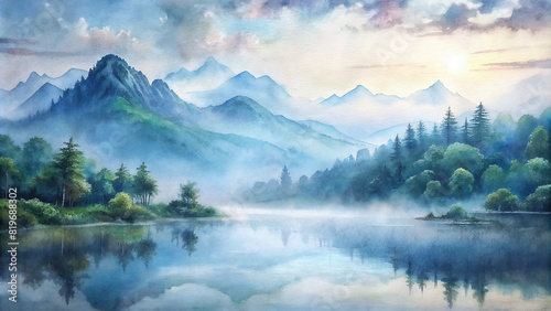 A panoramic view of a misty morning in the mountains  with a tranquil lake reflecting the watercolor-painted sky above