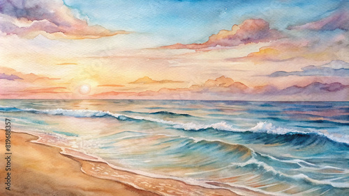 A watercolor illustration of a serene seascape, with waves gently lapping against a sandy shore under a pastel sunset sky.