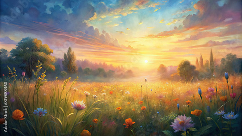 A serene meadow bathed in the warm glow of the setting sun  with wildflowers swaying gently in the breeze.