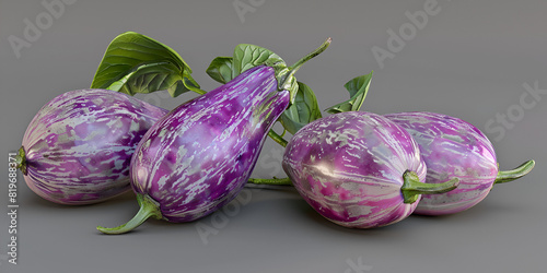 Purple and striped eggplants on table. Bean seeds. Flat lay. White background.
