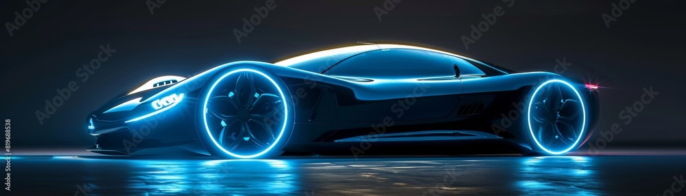 A sleek, low-rider concept car with glowing blue neon outlining its futuristic curves. 