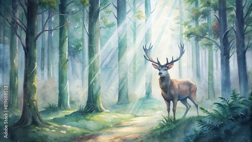 A majestic stag standing proudly amidst a misty forest, with sunlight streaming through the dense foliage.