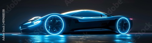 A sleek, low-rider concept car with glowing blue neon outlining its futuristic curves.  © Atthasit