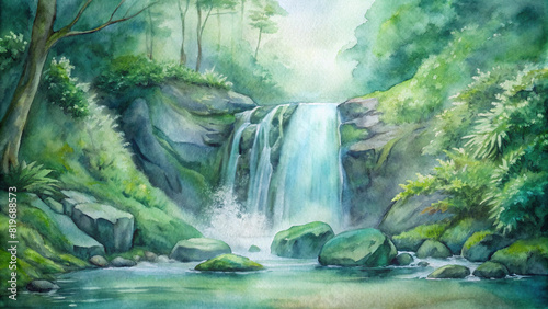 A watercolor painting of a tranquil waterfall cascading down mossy rocks in a secluded forest glade  creating a serene oasis.