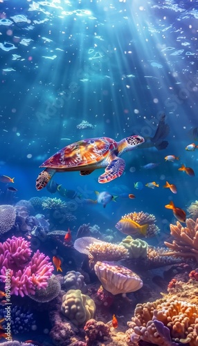 Colorful underwater marine life with vibrant marine animals and a majestic turtle in ocean