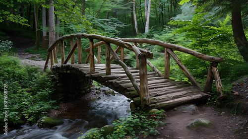 A wooden bridge arching over a babbling brook  its weathered planks blending seamlessly with the surrounding forest landscape.