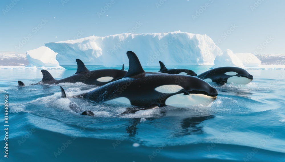 Fototapeta premium Groups of Orcas or killer whales swim and hunt for prey, the top of the food chain in a sea of ​​ice floes