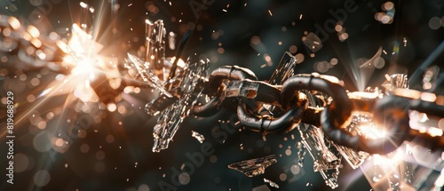 Close-up of a breaking chain with sparks and debris flying; concept of freedom, strength, and breaking limitations. photo