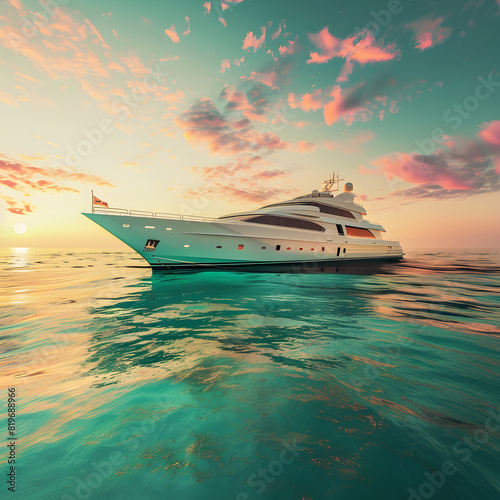 Design Masterpiece: Luxury Yacht Gliding on a Serene Sea at Sunset