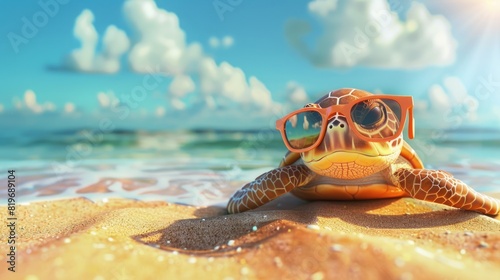 Cute funny cartoon turtle on the beach wearing sunglasses design with a playful and charming summer vibes
 photo