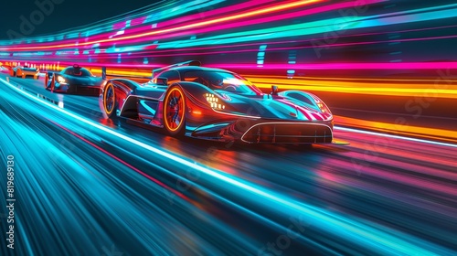 High-speed race car with neon lighting effects speeding on a futuristic track