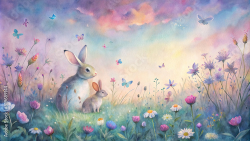 Soft pastel hues wash over a tranquil meadow scene, where a family of rabbits frolics among colorful wildflowers under a clear blue sky, while butterflies flit lazily from bloom to bloom. photo