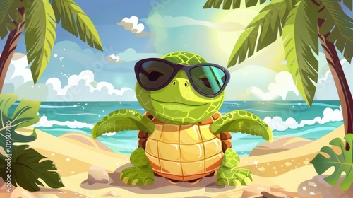 Cute funny cartoon turtle on the beach wearing sunglasses design with a playful and charming summer vibes
 photo