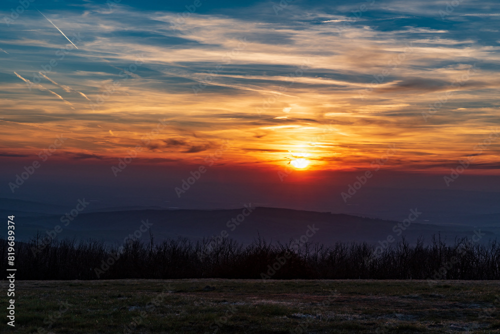 Sunset from Velka Javorina hill in Bile Karpaty mountains
