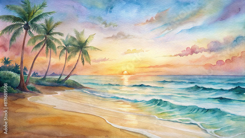 A watercolor illustration of a tranquil beach at sunrise, with palm trees swaying gently in the breeze and waves lapping the shore. © Woonsen