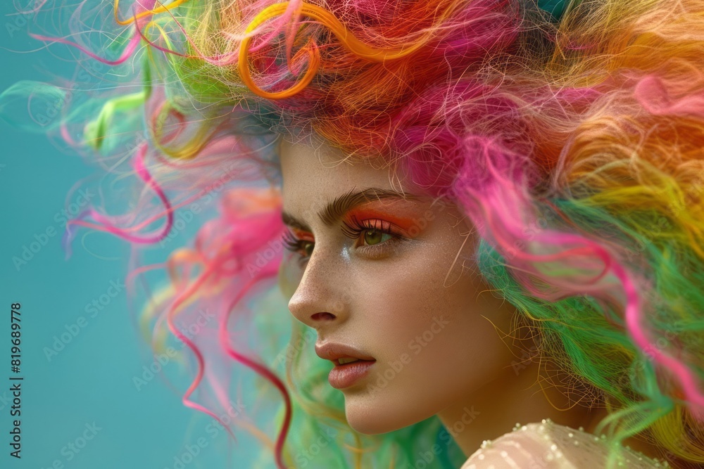 A model with a flamboyant colorful hairstyle