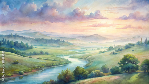 A panoramic view of a serene countryside landscape with rolling hills, a winding river, and a watercolor sky painted in soft pastel tones