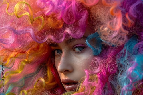 A model with a flamboyant colorful hairstyle