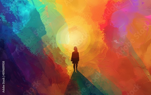 Silhouette of a person walking into a bright, colorful abstract background, exuding a sense of wonder and exploration.