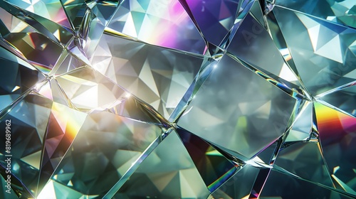 A crystalline texture resembling broken glass with a spectrum of colors shining through each facet, creating a kaleidoscope effect. 32k, full ultra HD, high resolution