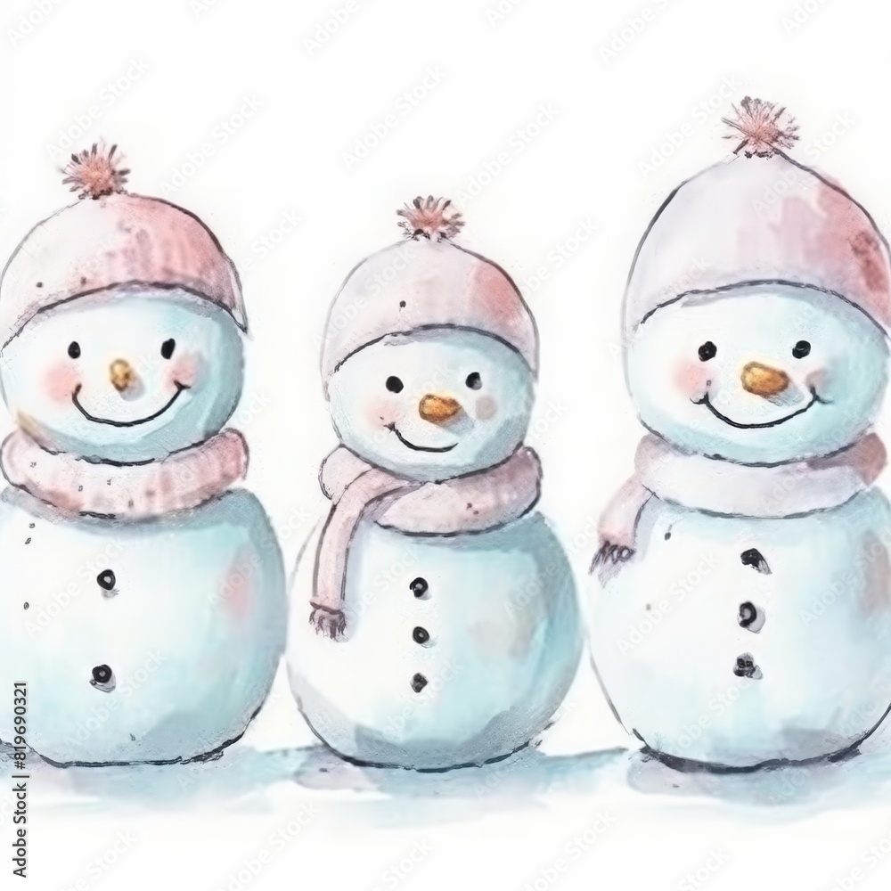 Seamless pastel winter pattern with adorable snowmen on white background for design projects