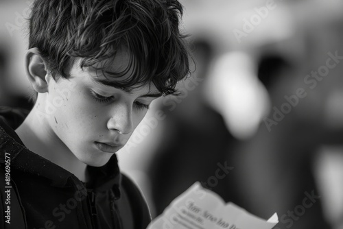 A young student looking down sadly holding a torn piece of homework with blurred figures pointing at him in the distance