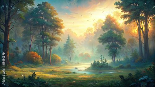 An expansive panorama of a tranquil forest glade illuminated by the soft golden light of dawn, with mist rising from the forest floor and birdsong filling the air photo