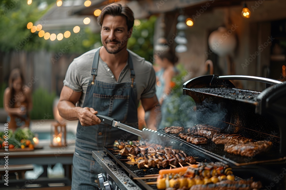 Fototapeta premium Backyard BBQ Gathering: Man Grilling Delicious Meat and Vegetables for Outdoor Summer Party