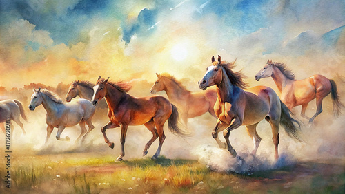 A dynamic shot of a herd of wild horses galloping across a sun-drenched meadow  with dust kicking up behind them and the vibrant colors of the landscape blurred in motion