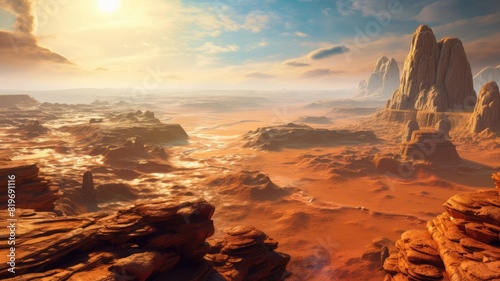 Image of close up of the surface of Mars with red  brown and orange texture with rugged rocks and mountain. Red dessert landscape with rough texture with rock scattering around. Sci-fi concept. AIG35.