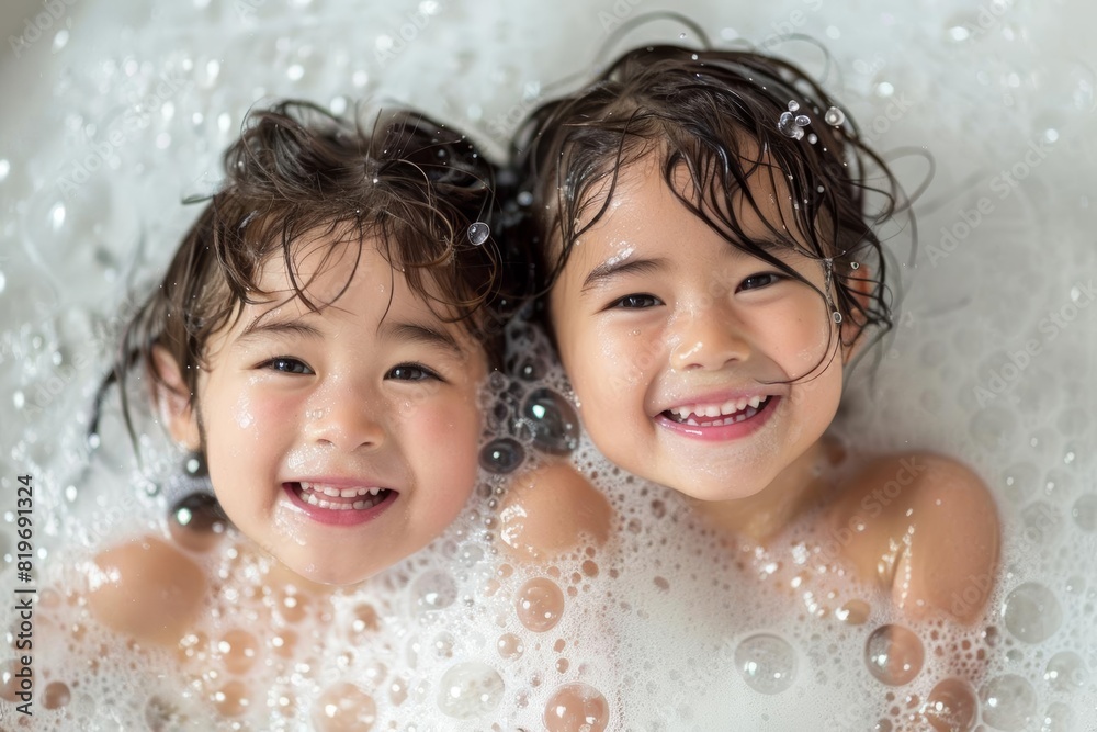 Playful Asian children in a tub, hair lathered with bubbles, radiant natural skin, laughing joyfully, on a white background with bokeh, perfect for skincare commercial Playful Asian children in a tub, hair lathered with bubbles, radiant natural skin, laughing joyfully, on a white background with bokeh, perfect for skincare commercial