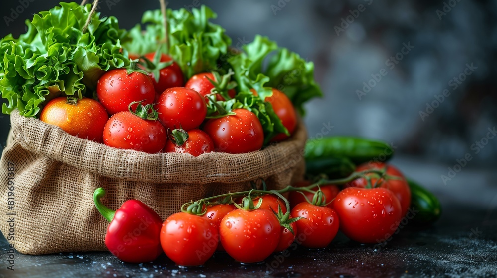Fresh vegetables in bag on table with dark background Fresh vegetables in bag on table with dark background