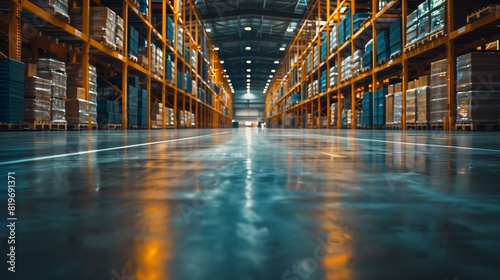 Large warehouse with many shelves shiny floor