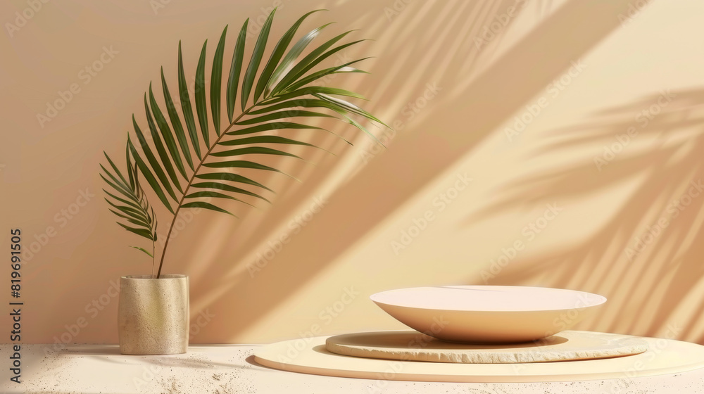 3d background products display podium scene with palm leaf geometric platform. background vector 3d render with podium. stand to show cosmetic product. Stage showcase on pedestal display beige studio 