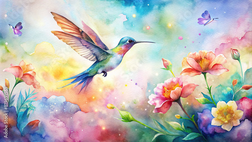 A whimsical watercolor painting of a vibrant hummingbird hovering near a colorful array of flowers in full bloom, with a soft gradient sky in the background