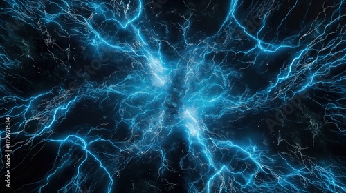 A depiction of scattered blue lightning bolts converging at a single point in the center, suggesting a portal opening in a dark universe. 32k, full ultra HD, high resolution