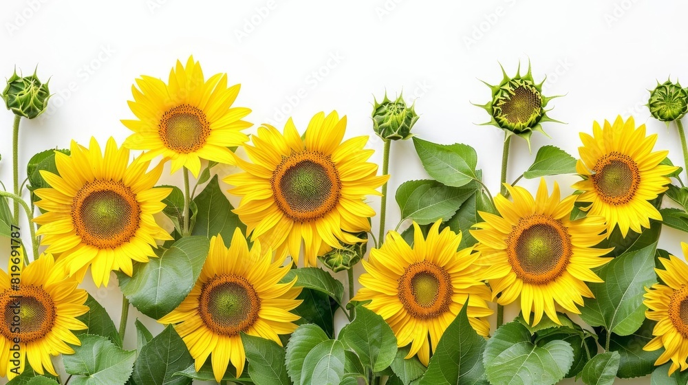 Sunny yellow sunflowers creatively arranged with green leaves, vibrant and fresh, on a white background, perfect for floral advertisements