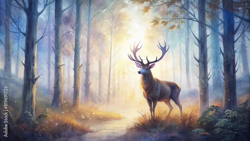 A majestic stag standing proudly in a misty forest clearing, its antlers silhouetted against the soft glow of the morning sun filtering through the trees
