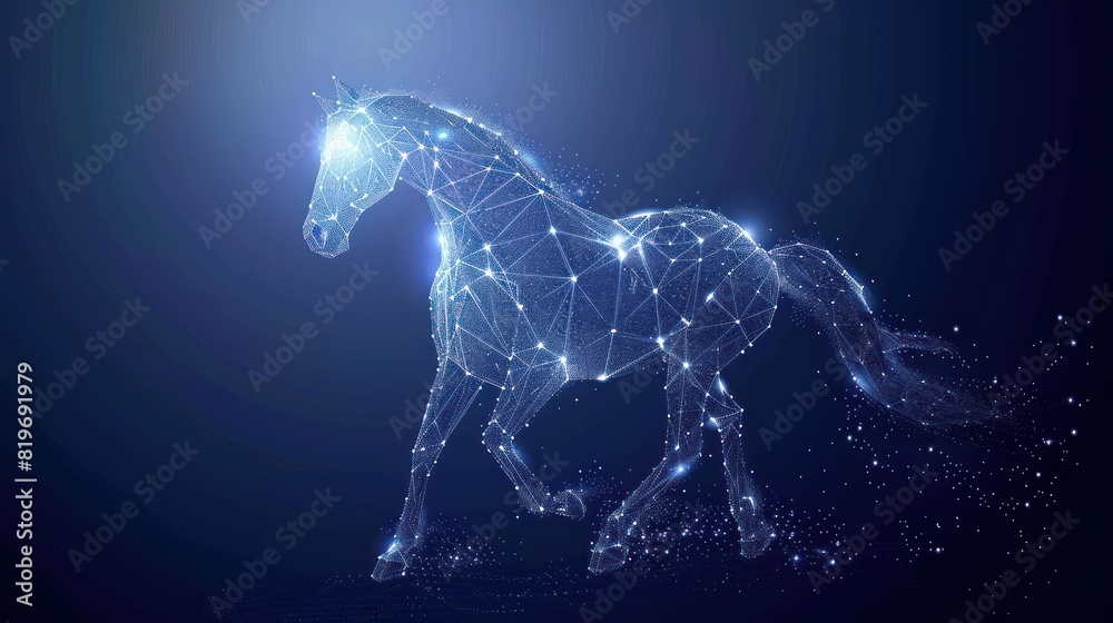 Glossy white mesh horse with sparkle effect. Abstract illuminated model of horse. Shiny wire carcass polygonal mesh horse icon.