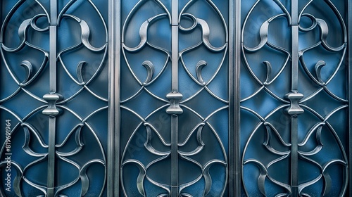 Detailed view of a metal gate in front of a solid blue background