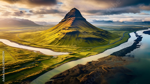 Panorama of majestic mountain symmetry volcano Kirkjufell mountain with lake reflection during sunrise morning in summer at Snaefellsnes peninsula Iceland
 photo