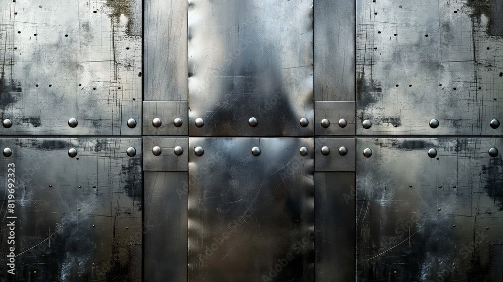 Detailed close-up of a metal door with numerous rivets, showing the industrial and sturdy construction