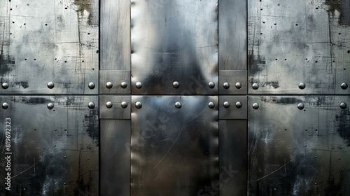 Detailed close-up of a metal door with numerous rivets, showing the industrial and sturdy construction photo