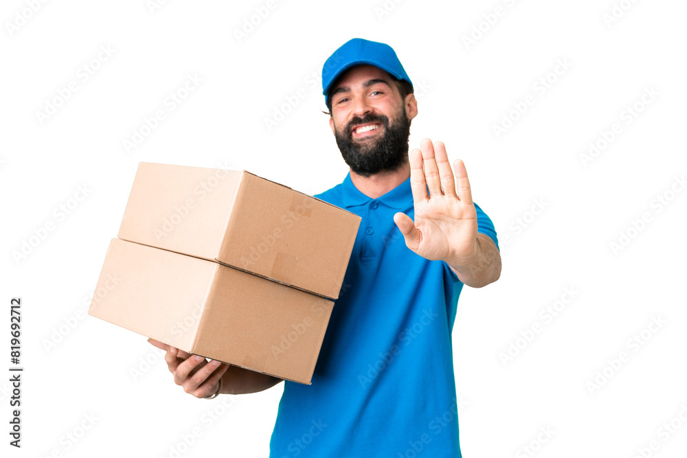 Delivery caucasian man over isolated chroma key background saluting with hand with happy expression Delivery caucasian man over isolated chroma key background saluting with hand with happy expression