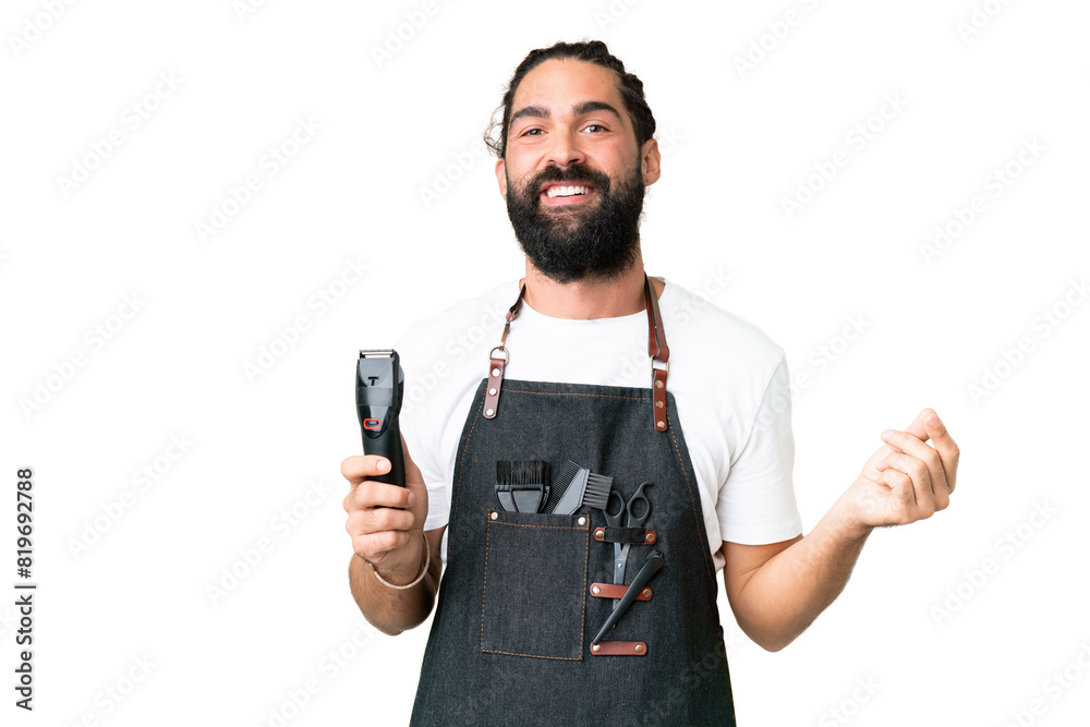 Young barber man over isolated chroma key background making money gesture