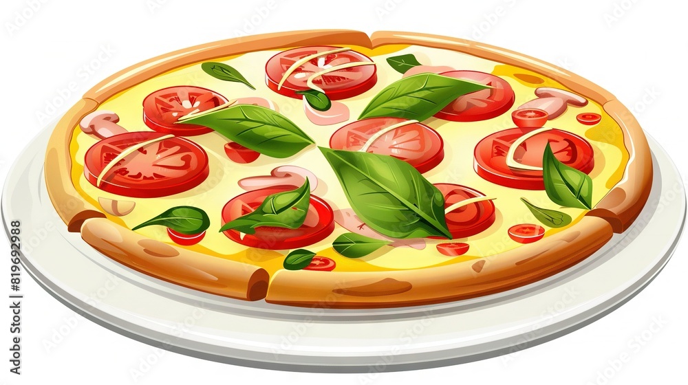 A pizza close-up on a white plate, topped with juicy tomatoes and fresh basil leaves A pizza close-up on a white plate, topped with juicy tomatoes and fresh basil leaves