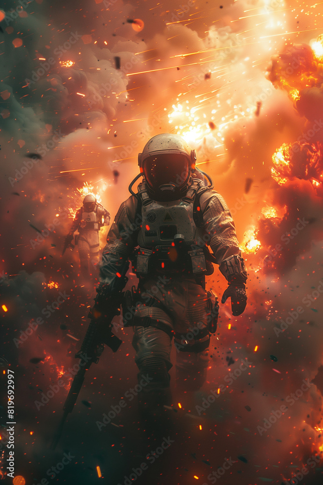 WW3 astronaut amid explosions, fire and smoke, holding an assault rifle with soldiers running behind, orange tones, photorealistic // ai-generated WW3 astronaut amid explosions, fire and smoke, holding an assault rifle with soldiers running behind, orange tones, photorealistic // ai-generated